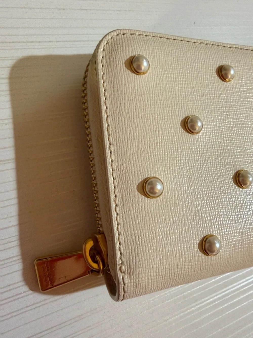 kate spade Cream Pearl-Studded Zip Wallet with Gold Logo - Picture 2 of 7